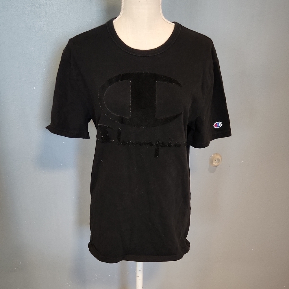 Champion Velvet Logo Distressed Ringer   Style Crew Neck Short Sleeve T-shirt
